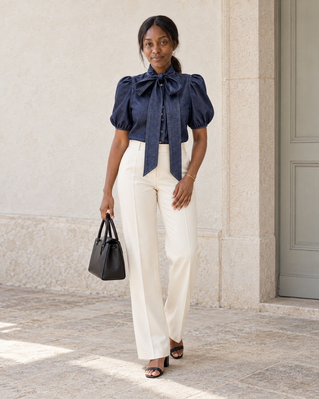 Aderyn Bow Blouse — Denim Blue - Short Sleeve — Model 6 — front view