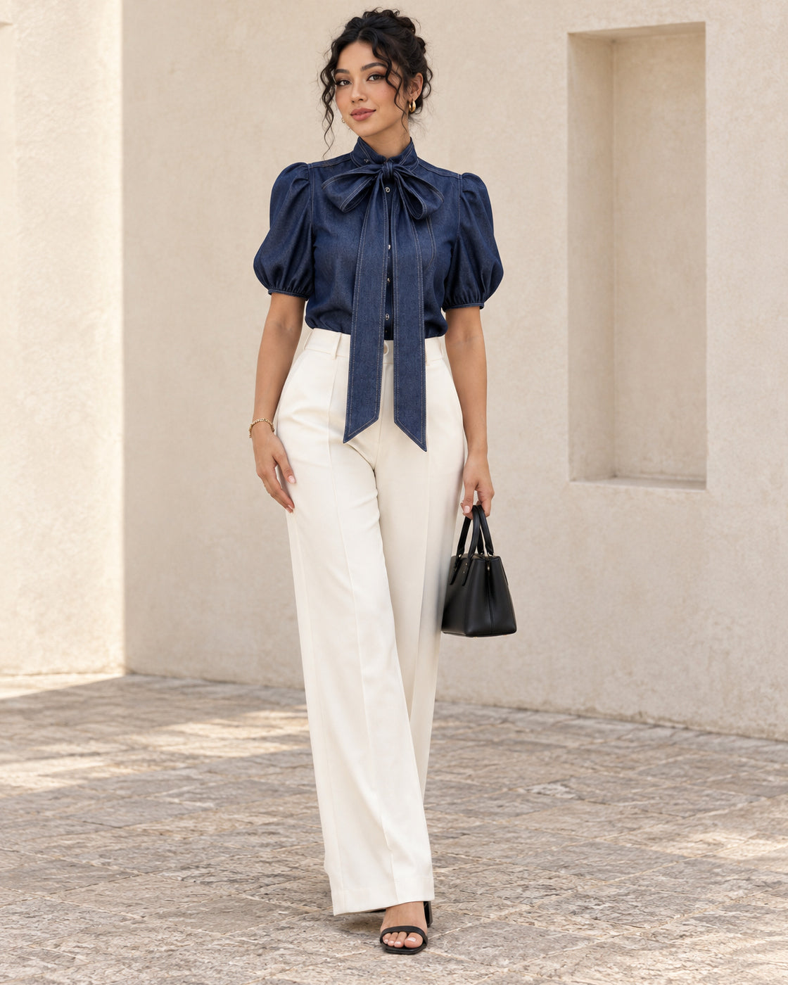 Aderyn Bow Blouse — Denim Blue - Short Sleeve — Model 9 — front view