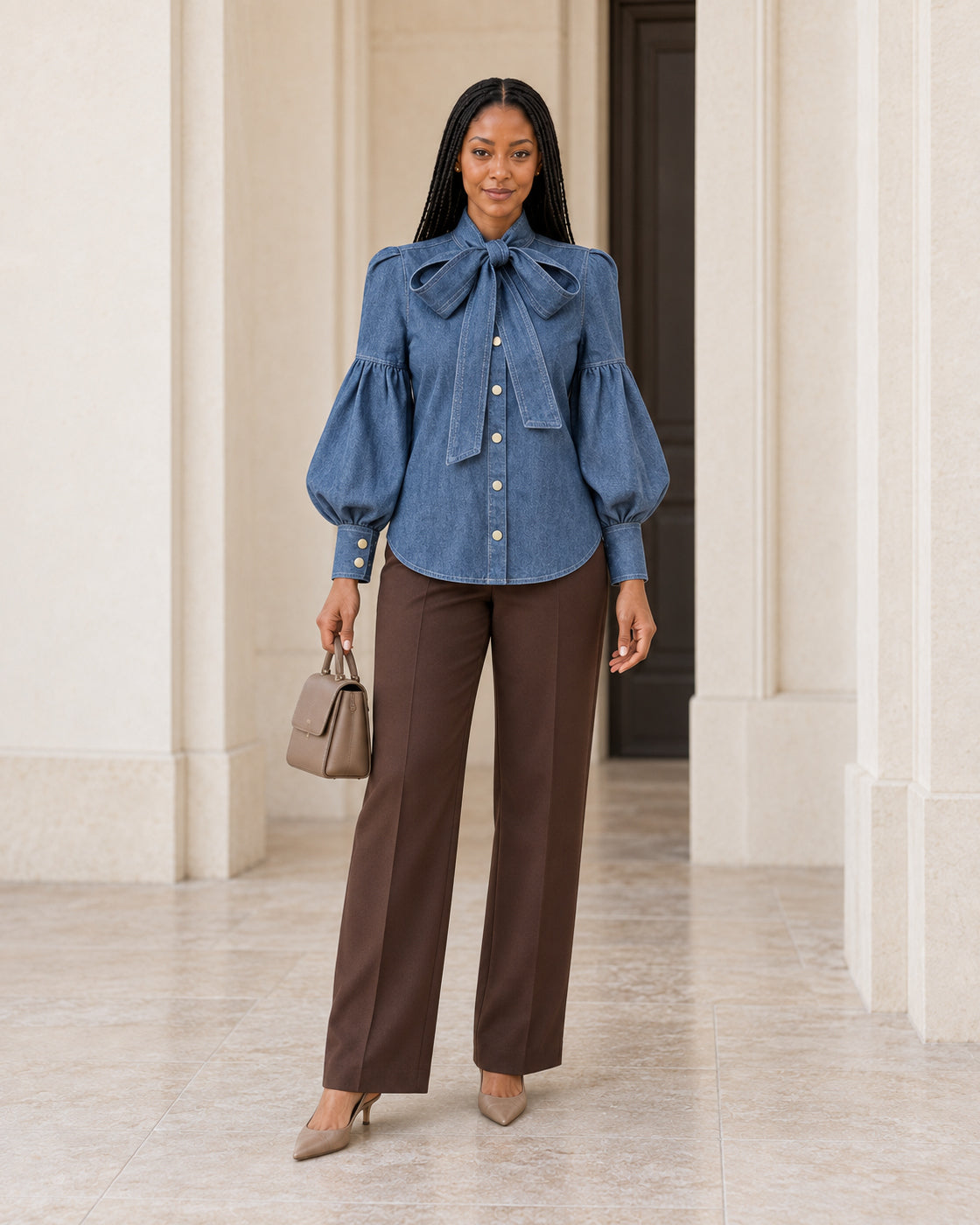 Aderyn Bow Blouse — Light Blue - Long Sleeve — Model 1 — front view