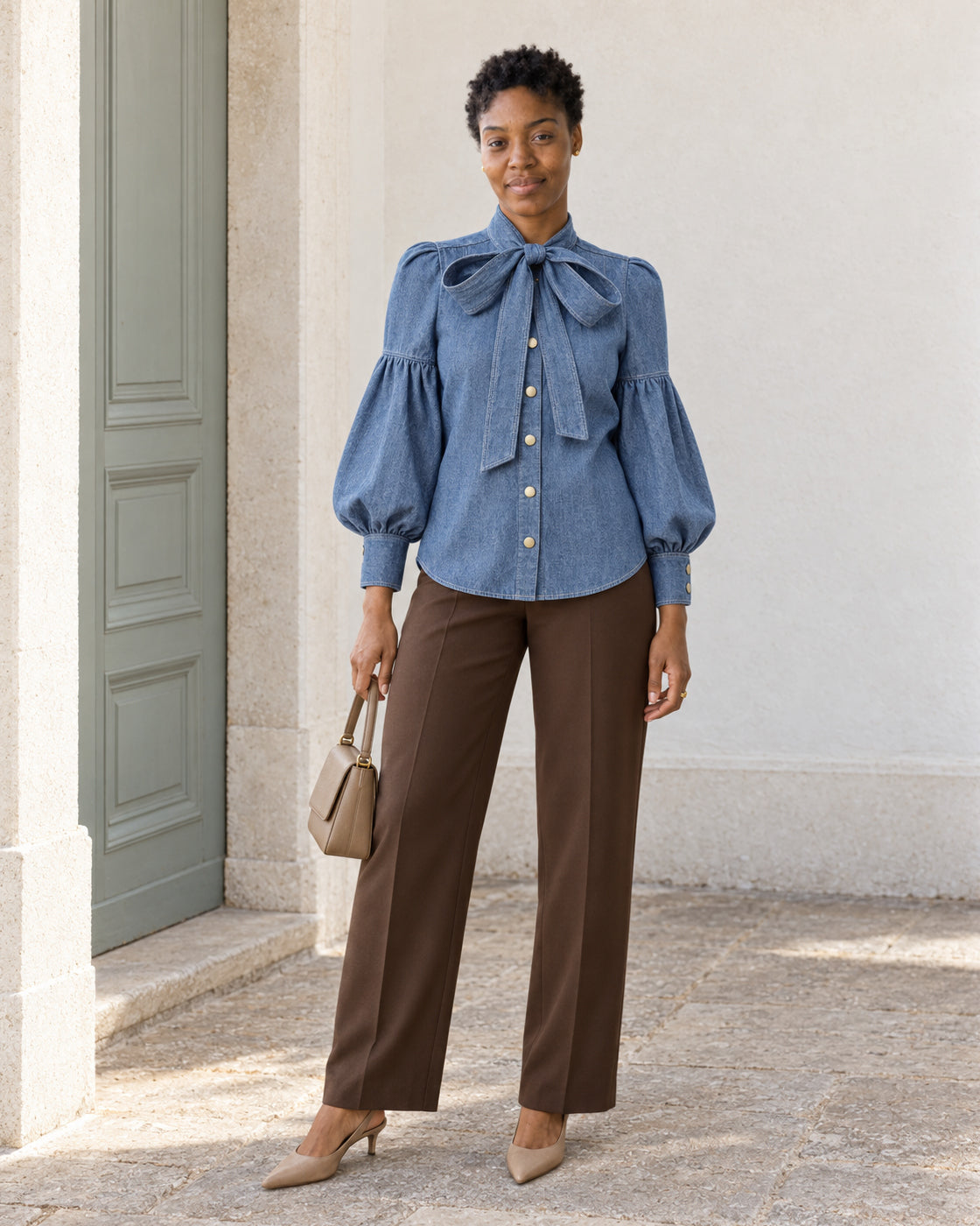 Aderyn Bow Blouse — Light Blue - Long Sleeve — Model 8 — front view