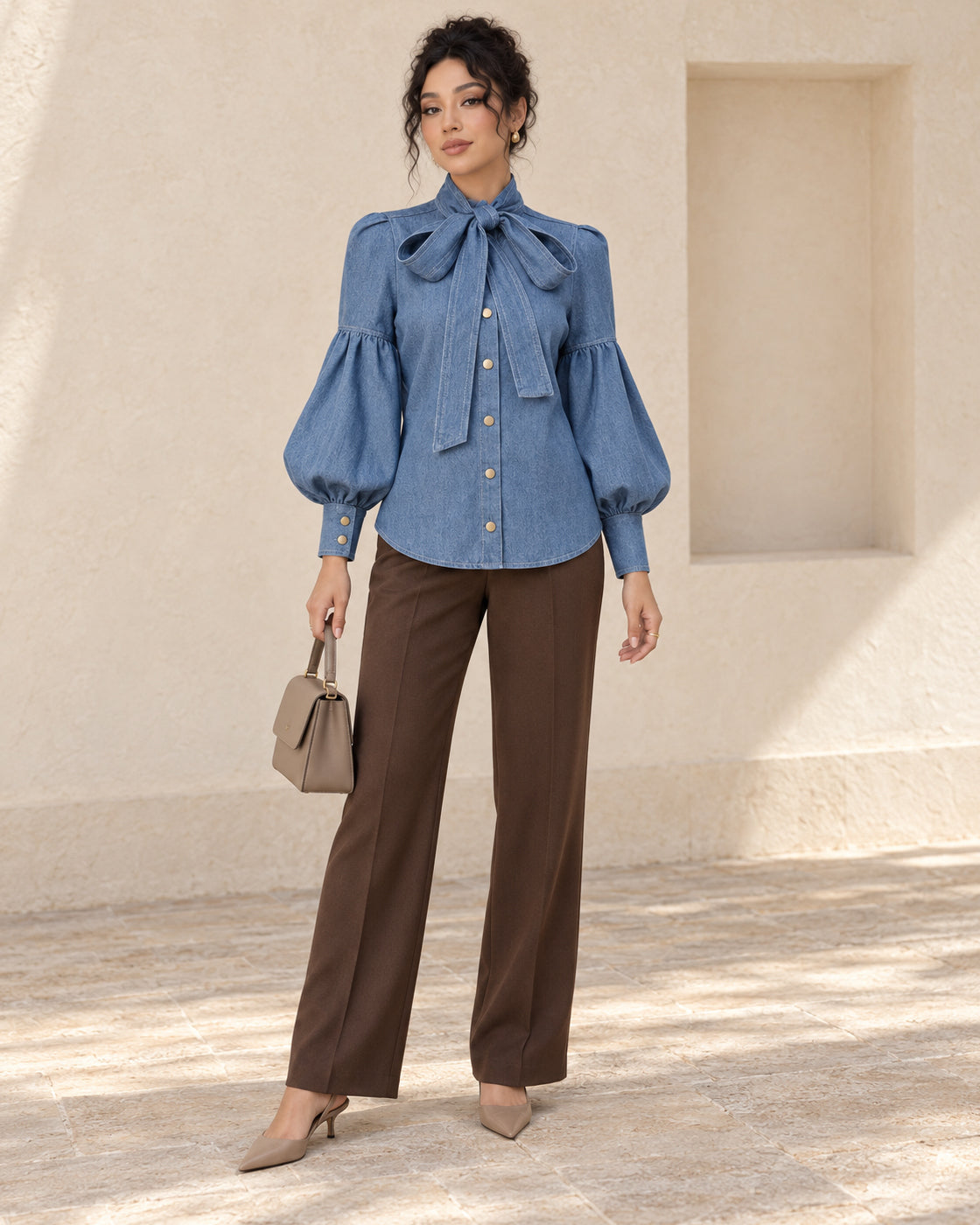 Aderyn Bow Blouse — Light Blue - Long Sleeve — Model 9 — front view