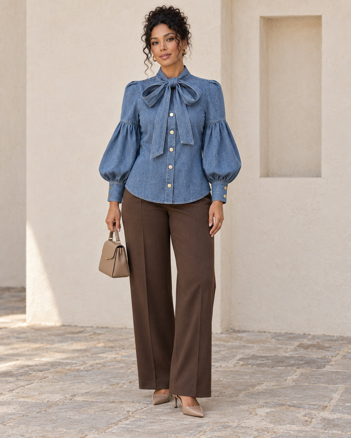 Aderyn Bow Blouse — Light Blue - Long Sleeve — Model 11 — front view
