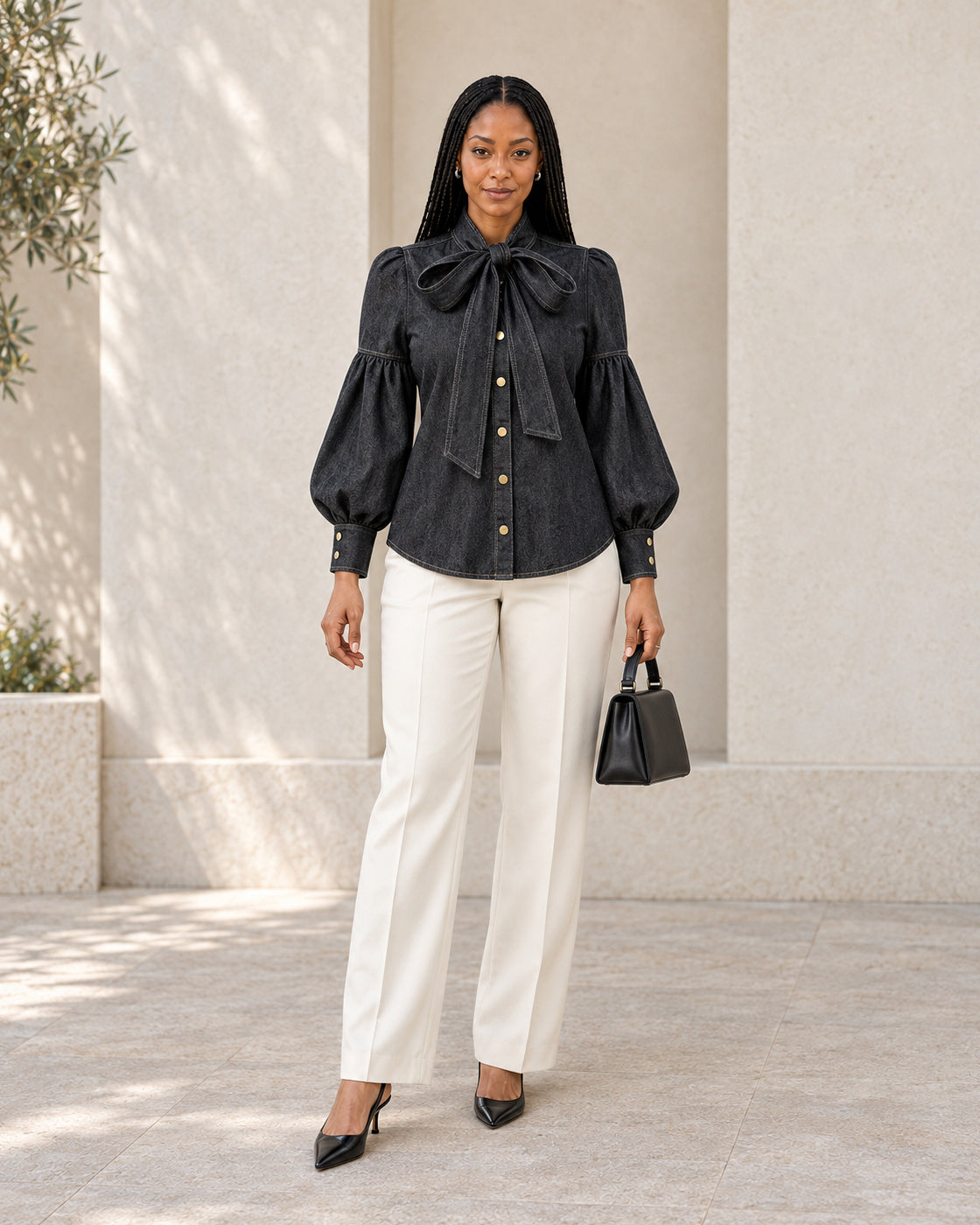 Aderyn Bow Blouse — Retro Gray - Long Sleeve — Model 1 — front view