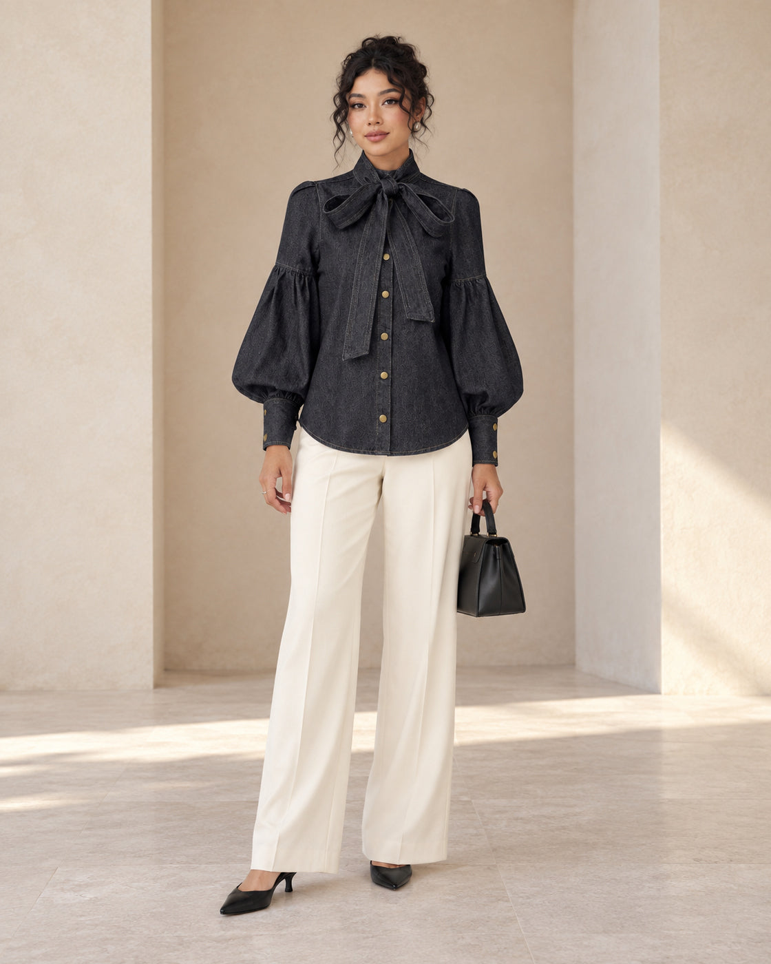 Aderyn Bow Blouse — Retro Gray - Long Sleeve — Model 9 — front view