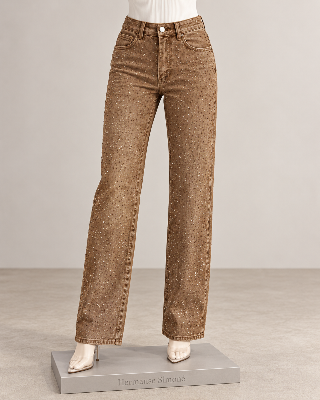 Alcina Rhinestone Jeans — Brown — mannequin view