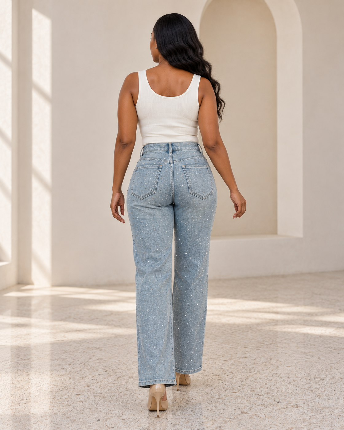 Alcina Rhinestone Jeans — Light Blue — back view