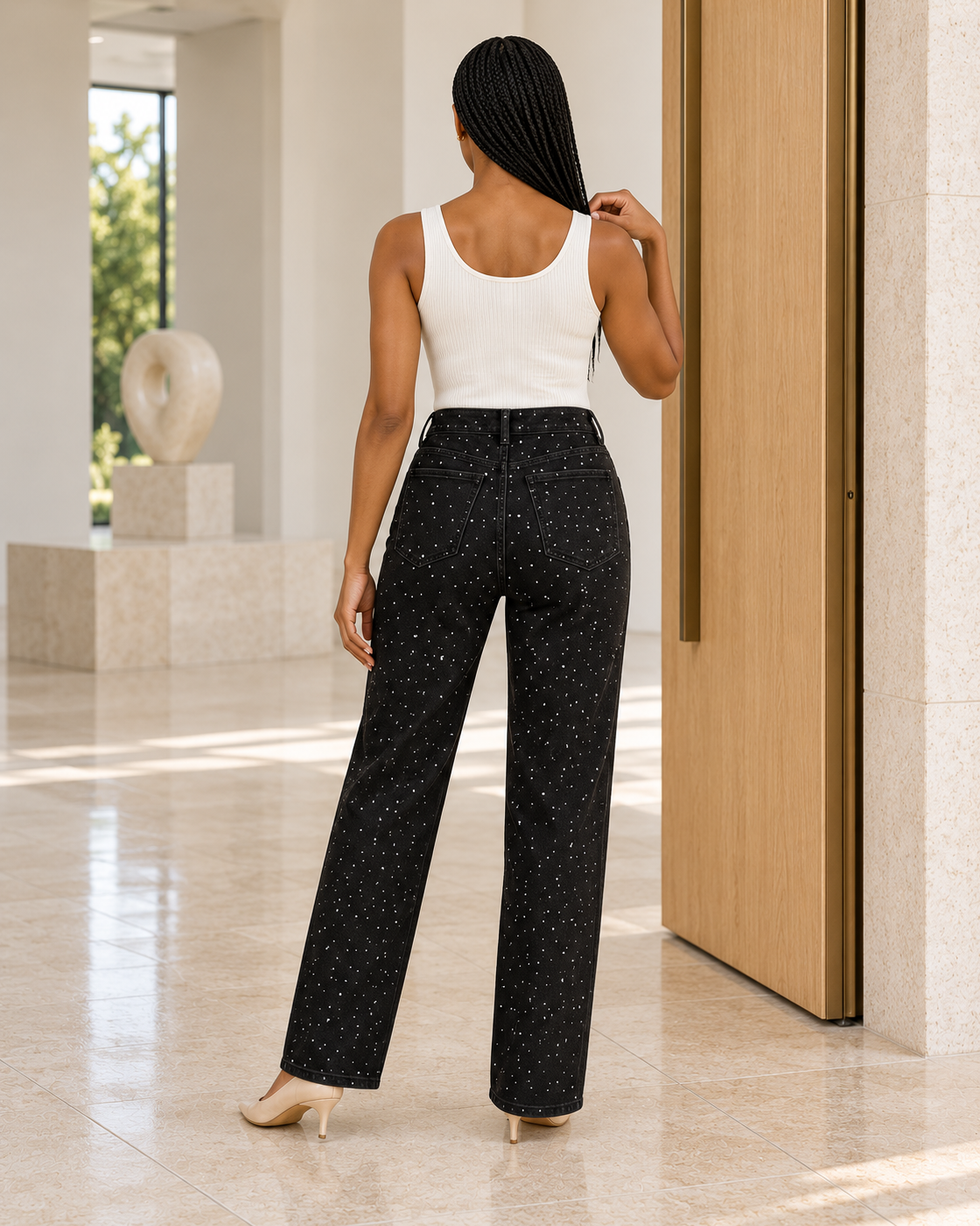 Alcina Rhinestone Jeans — Black — Model 1 — back view