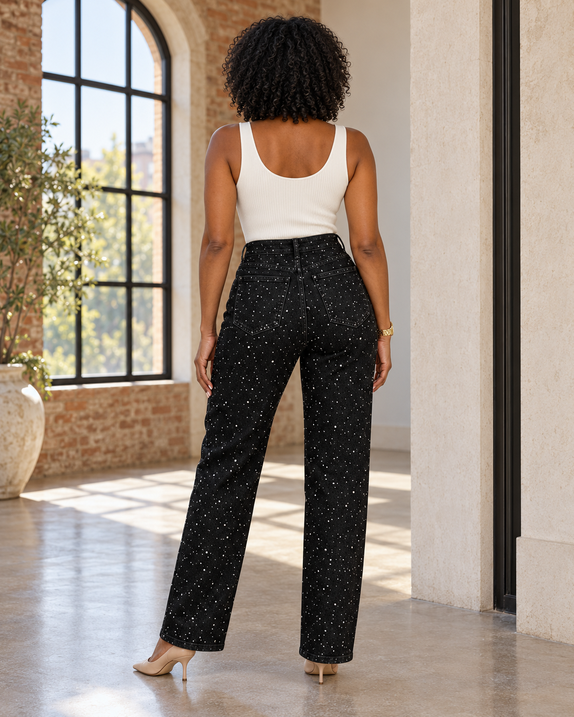 Alcina Rhinestone Jeans — Black — Model 2 — back view
