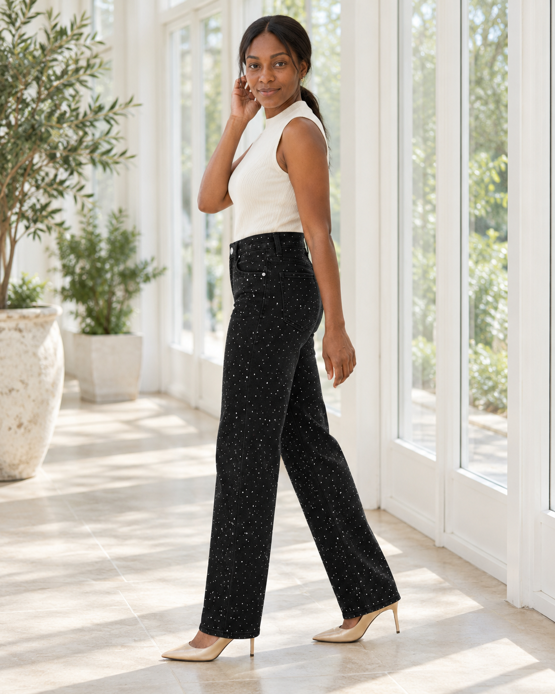 Alcina Rhinestone Jeans — Black — Model 6 — angle view