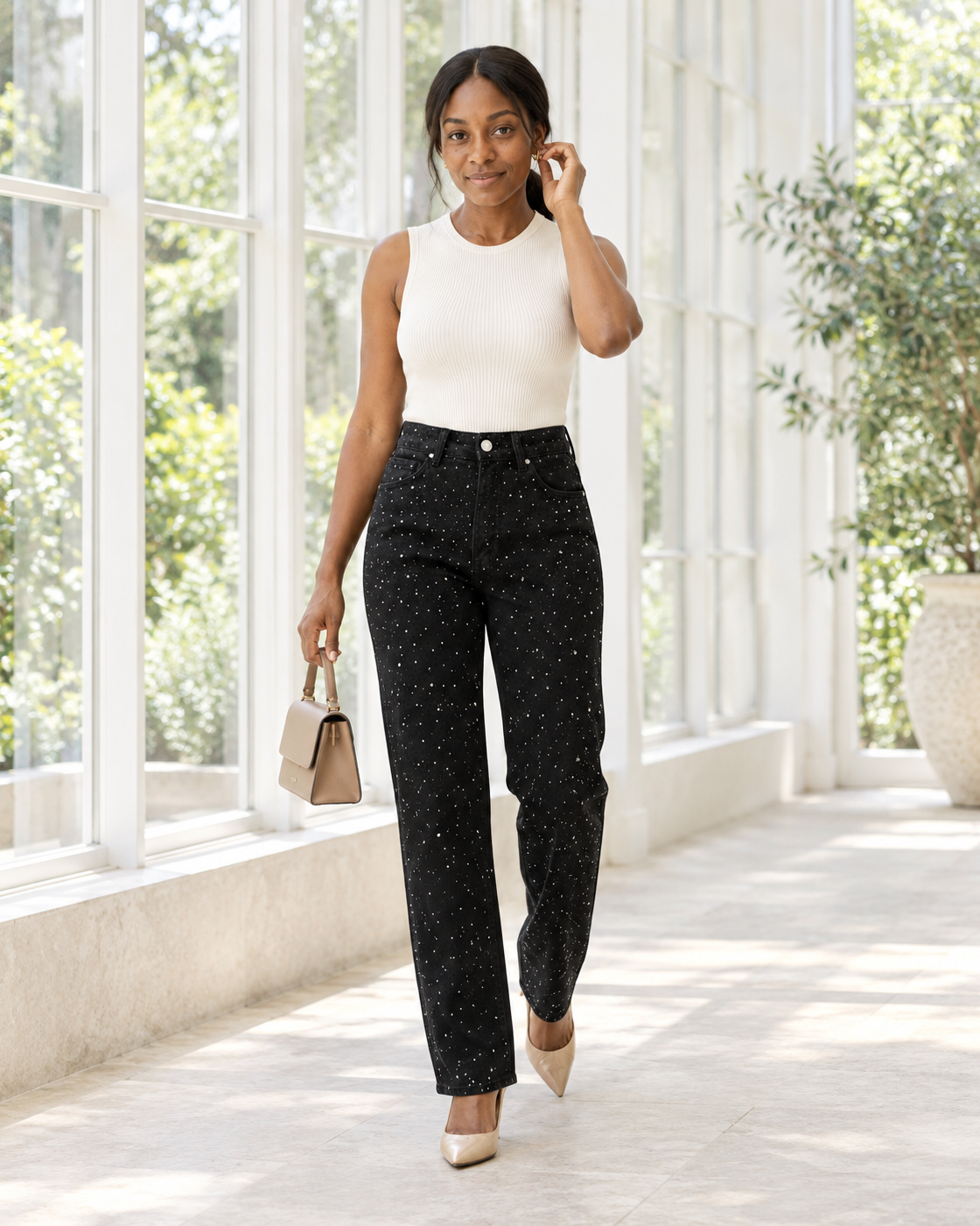 Alcina Rhinestone Jeans — Black — Model 6 — front view