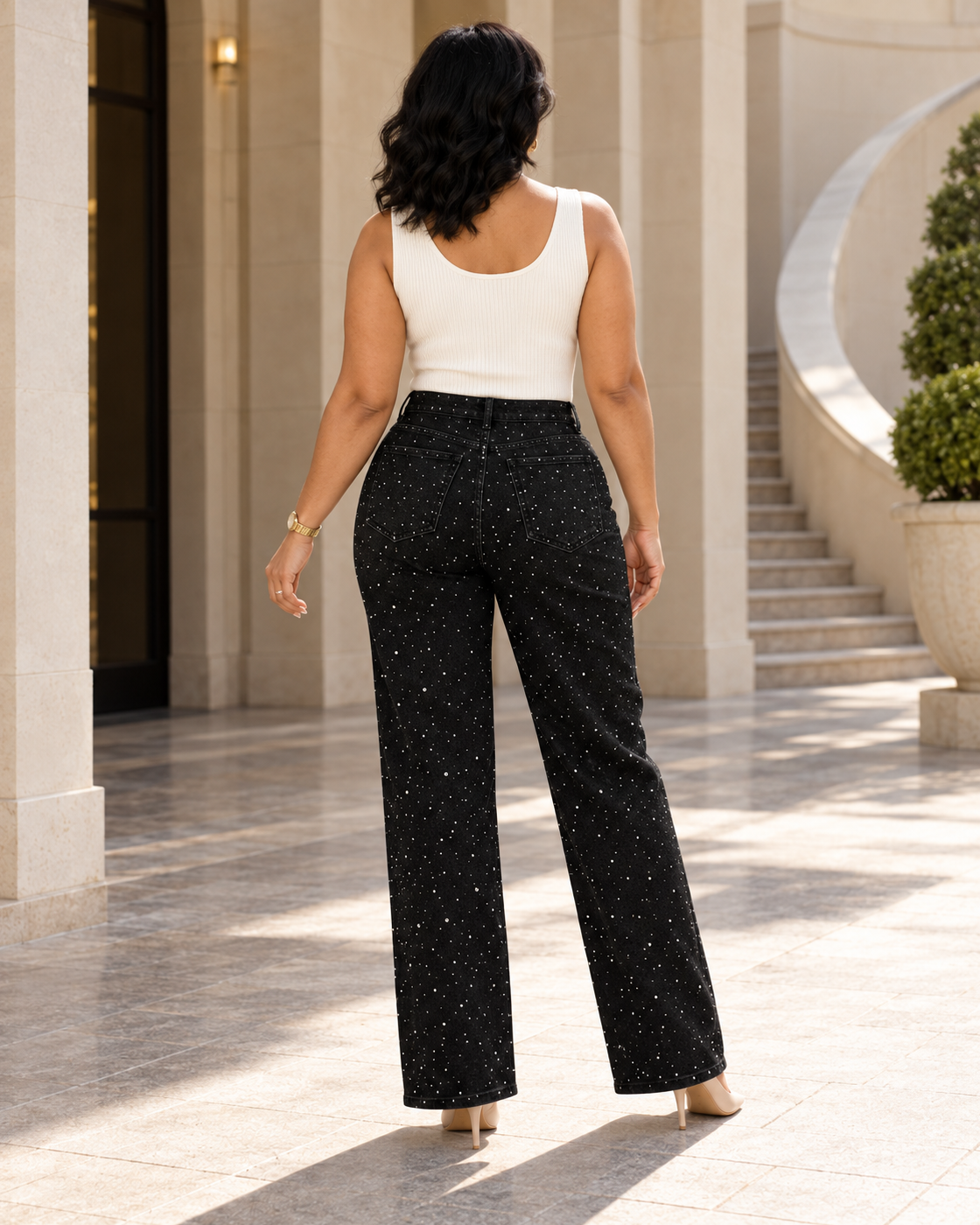 Alcina Rhinestone Jeans — Black — Model 10 — back view