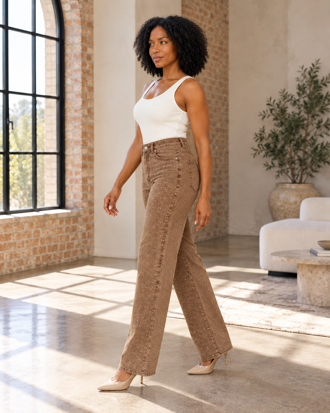 Alcina Rhinestone Jeans — Brown — Model 2 — angle view