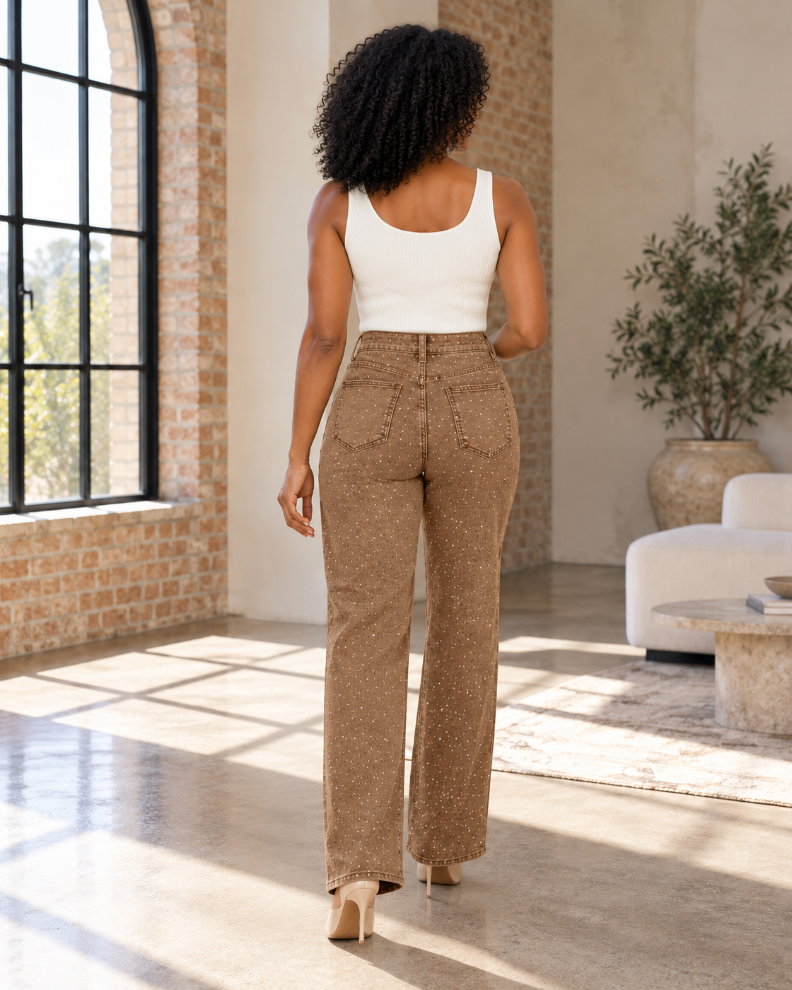 Alcina Rhinestone Jeans — Brown — Model 2 — back view