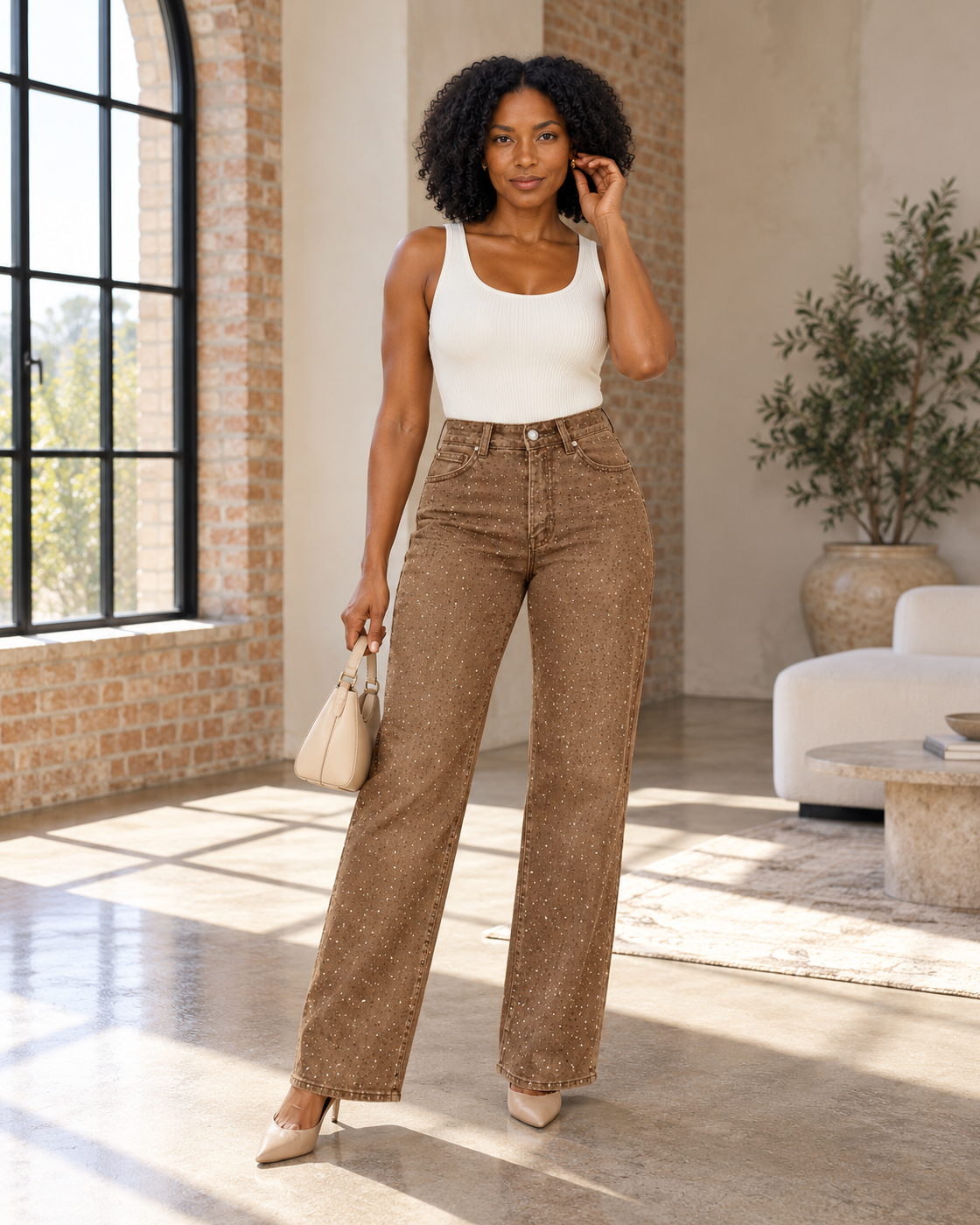 Alcina Rhinestone Jeans — Brown — Model 2 — front view