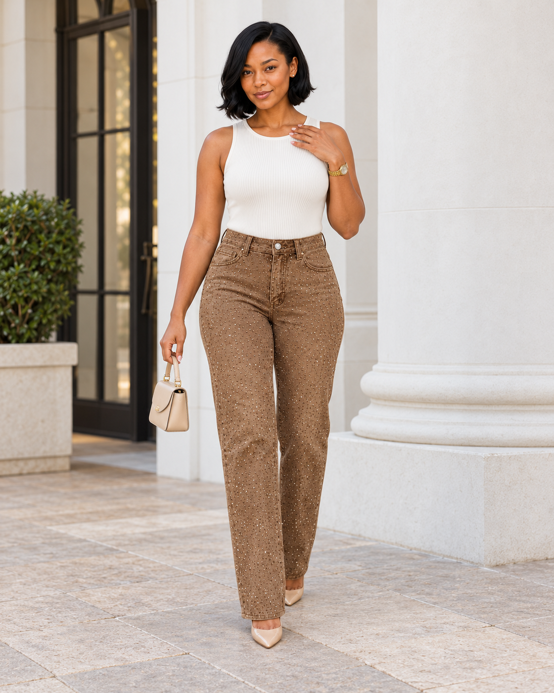 Alcina Rhinestone Jeans — Brown — Model 3 — front view