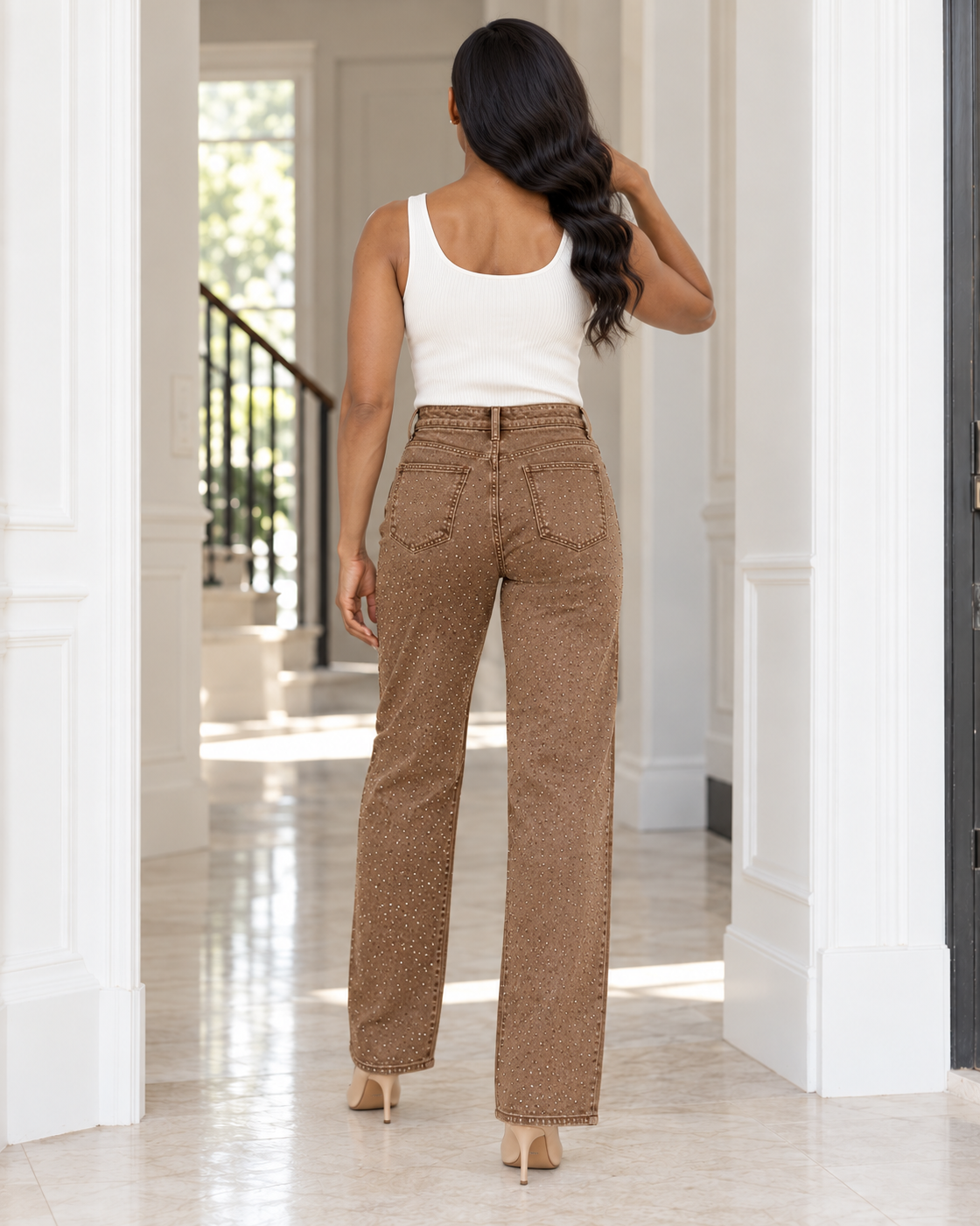 Alcina Rhinestone Jeans — Brown — Model 5 — back view