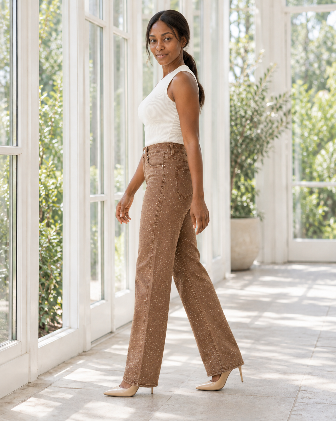 Alcina Rhinestone Jeans — Brown — Model 6 — angle view