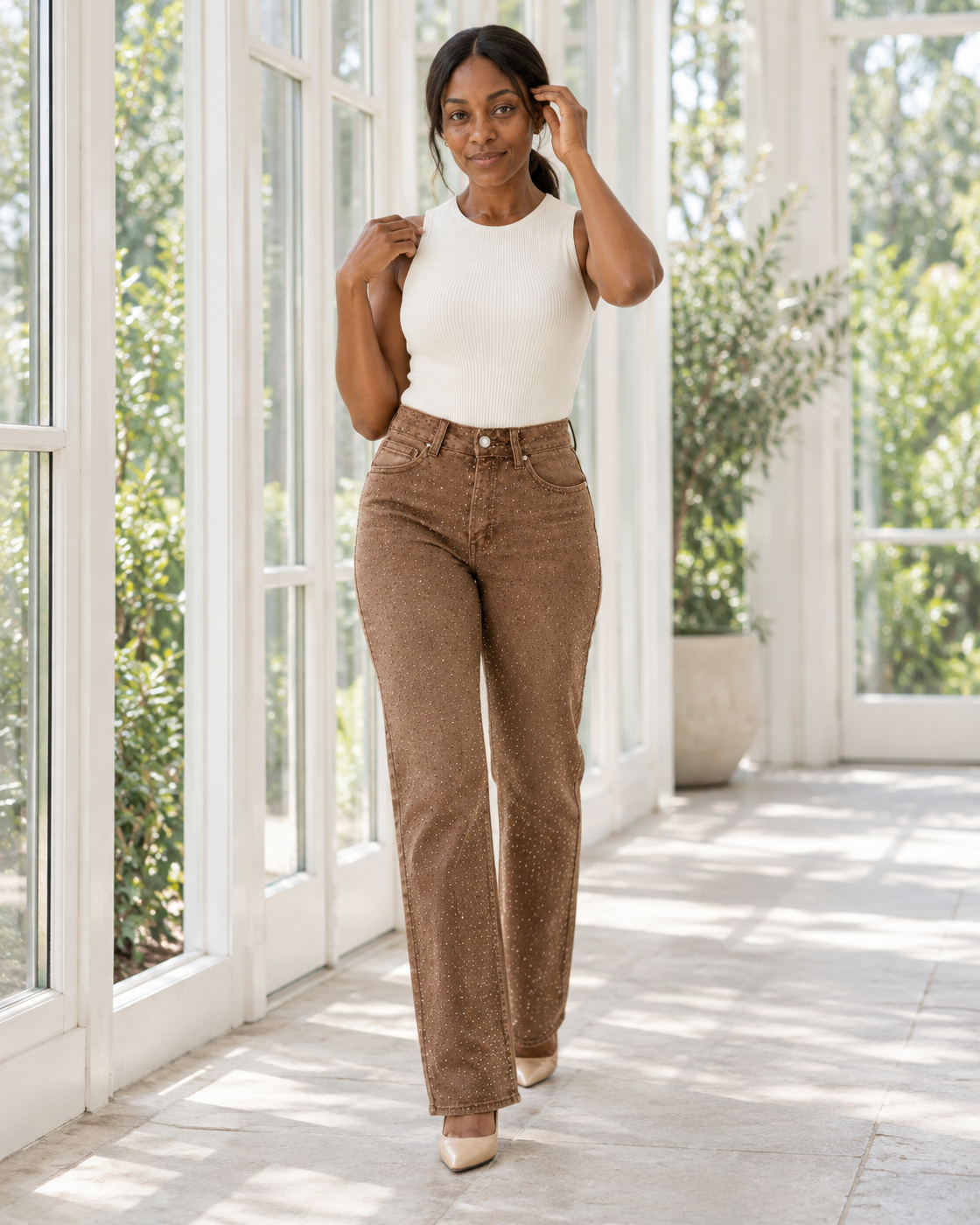 Alcina Rhinestone Jeans — Brown — Model 6 — front view