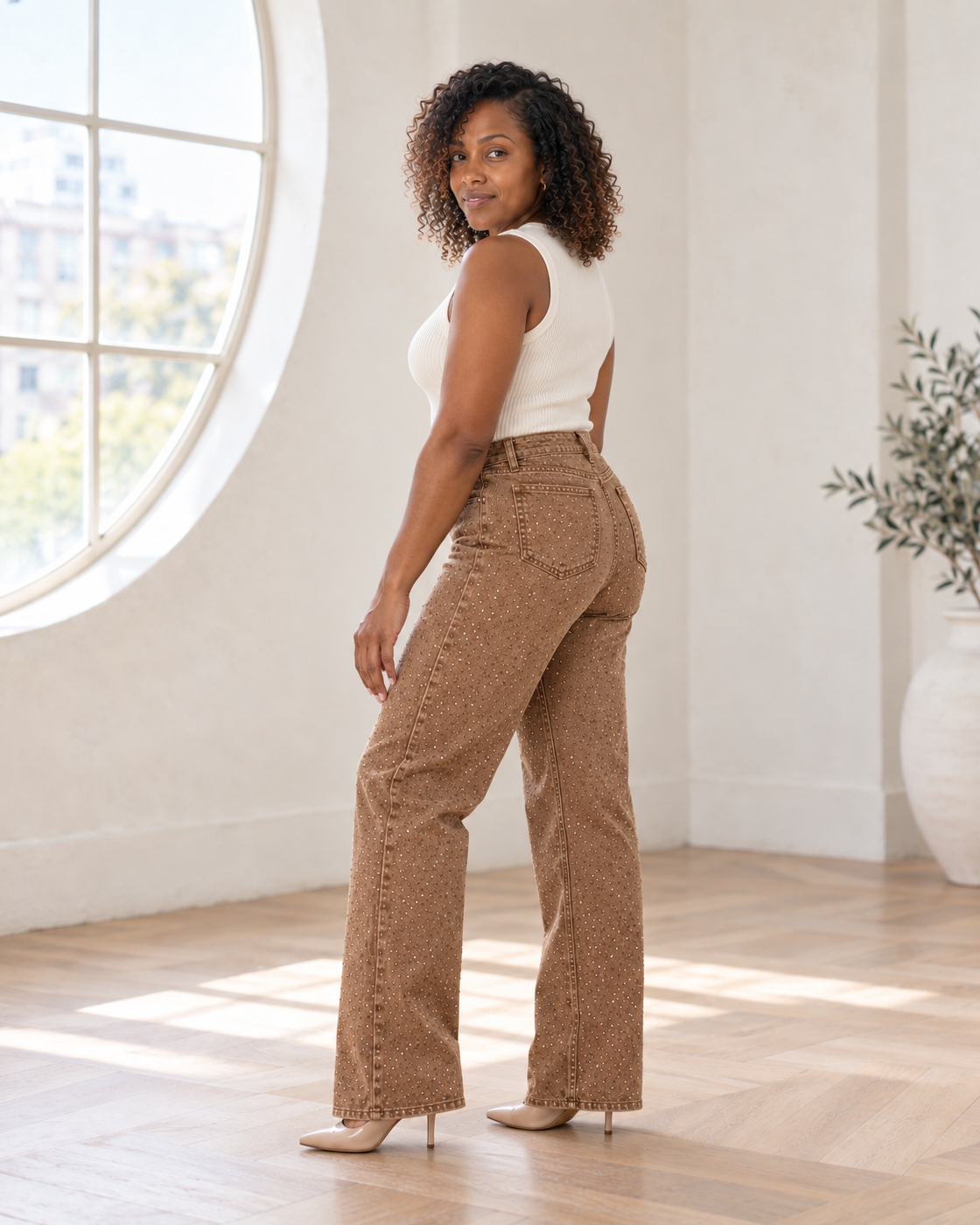 Alcina Rhinestone Jeans — Brown — Model 7 — angle view