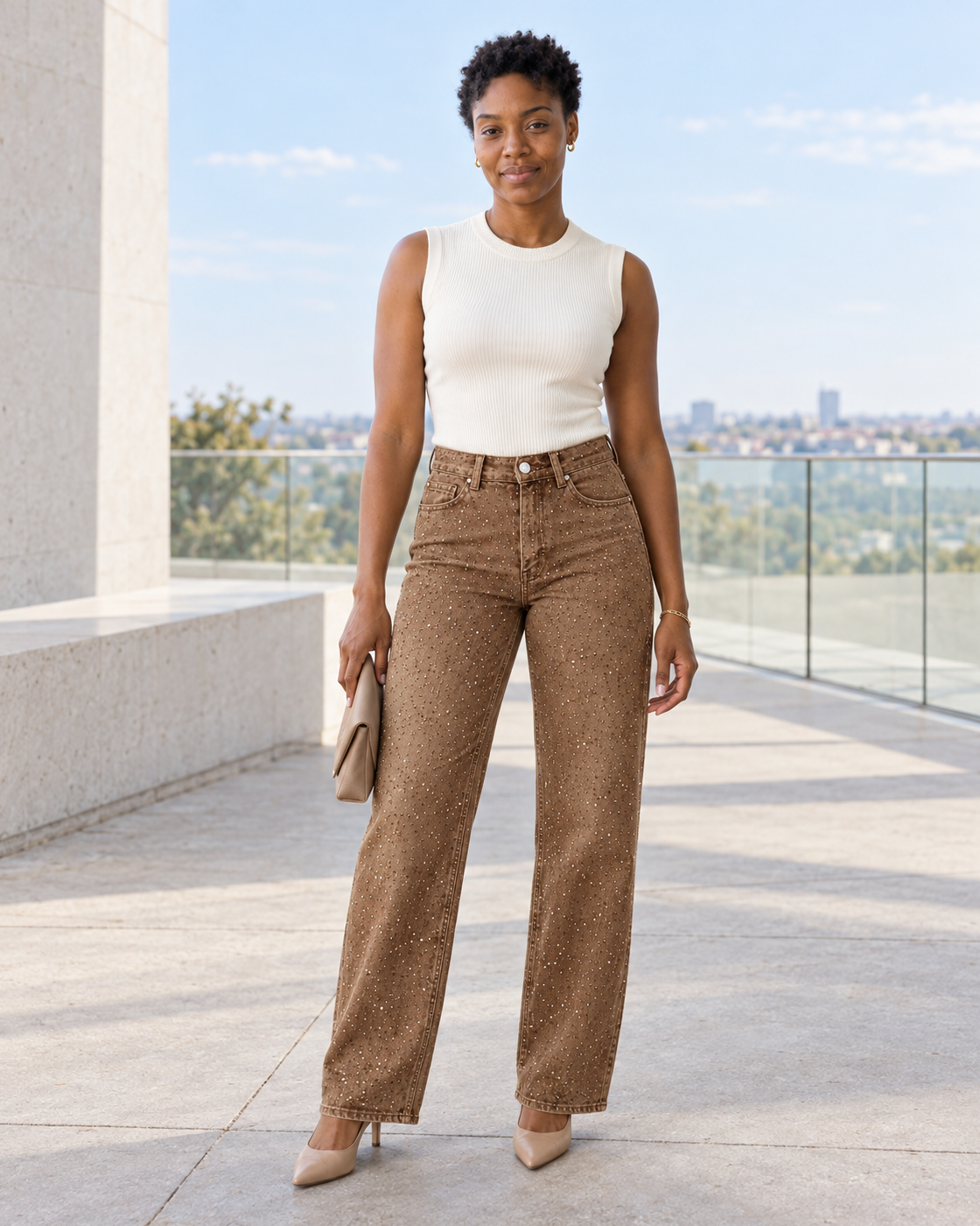 Alcina Rhinestone Jeans — Brown — Model 8 — front view