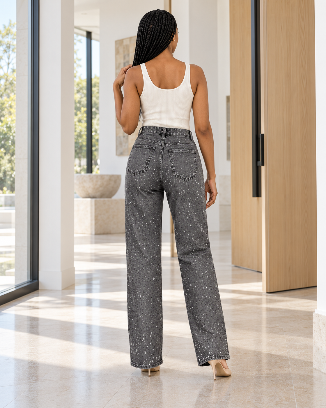 Alcina Rhinestone Jeans — Charcoal — Model 1 — back view