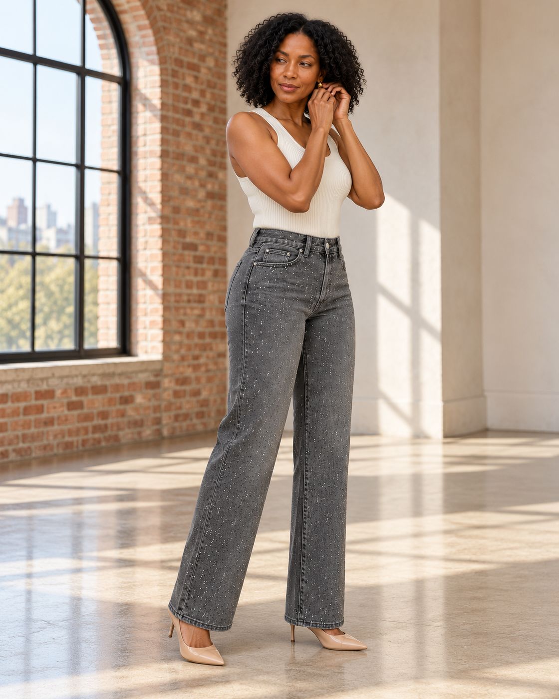 Alcina Rhinestone Jeans — Charcoal — Model 2 — angle view