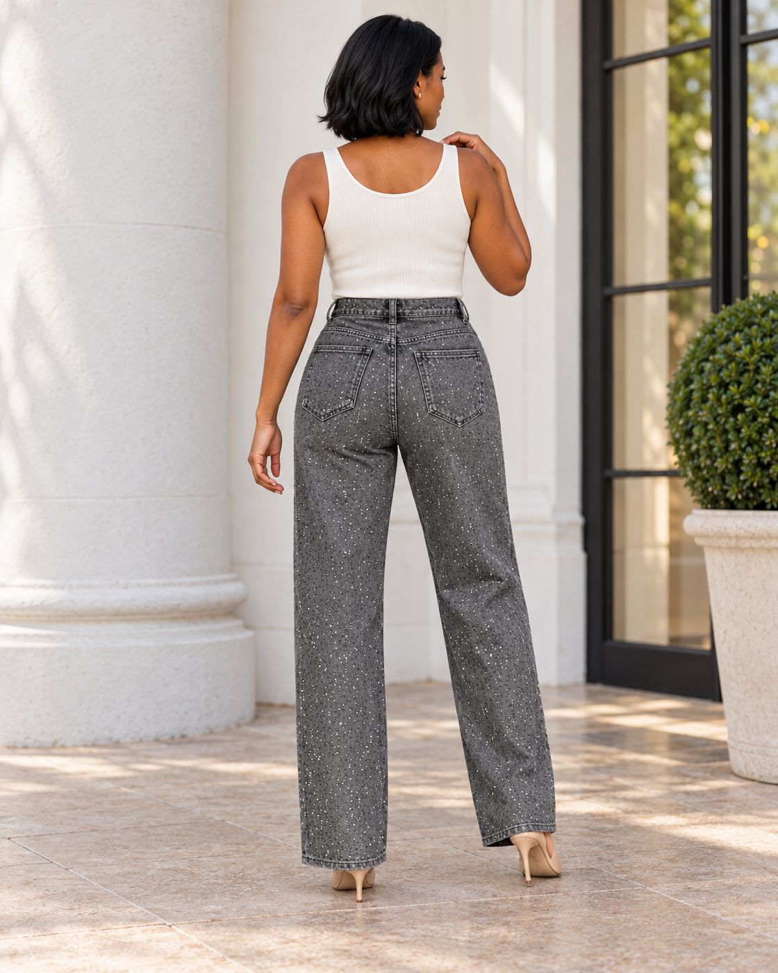 Alcina Rhinestone Jeans — Charcoal — Model 3 — back view