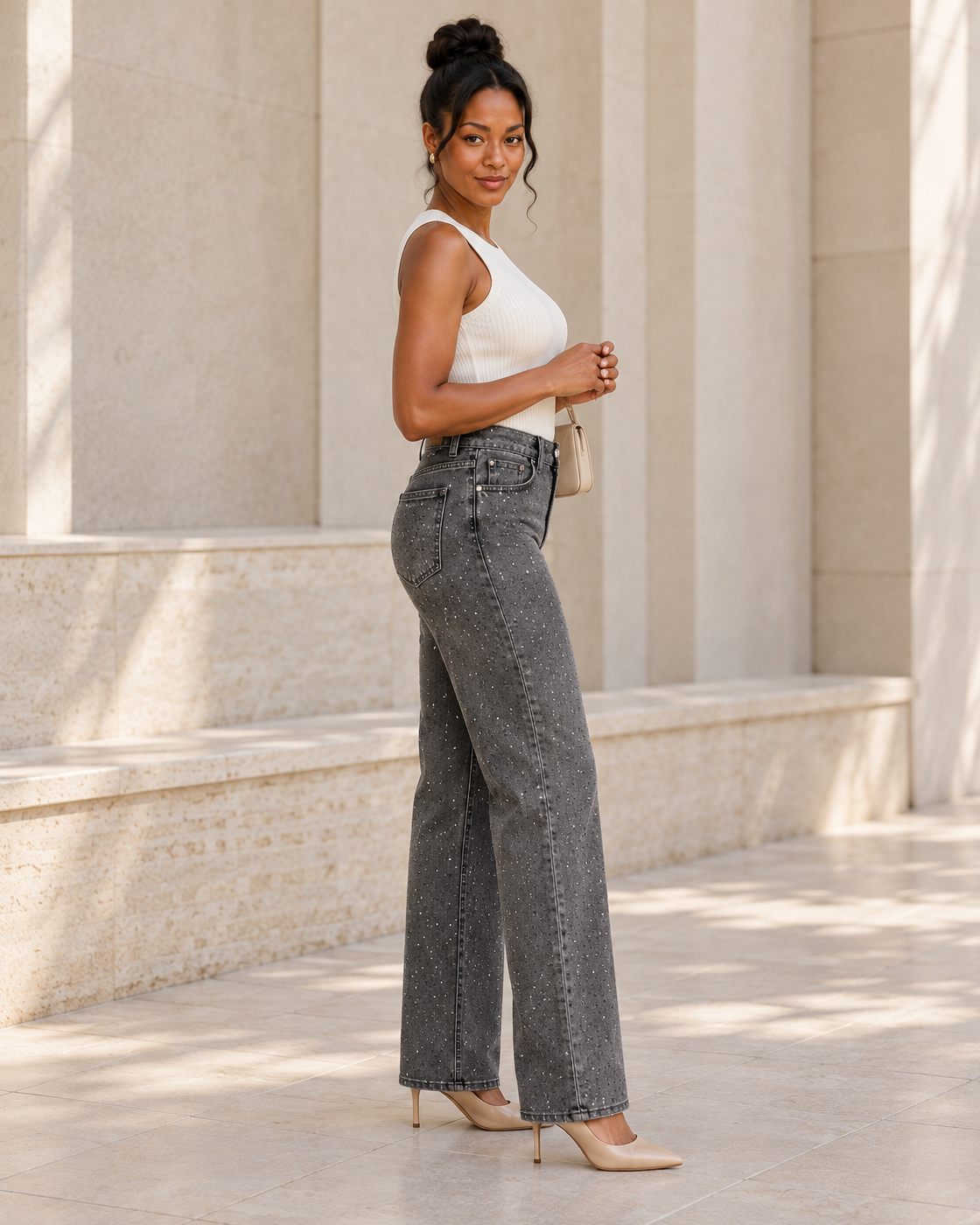 Alcina Rhinestone Jeans — Charcoal — Model 4 — angle view