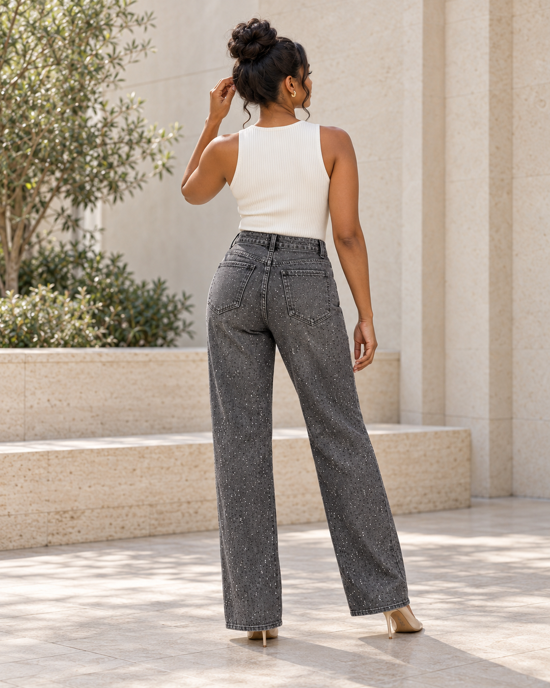 Alcina Rhinestone Jeans — Charcoal — Model 4 — back view