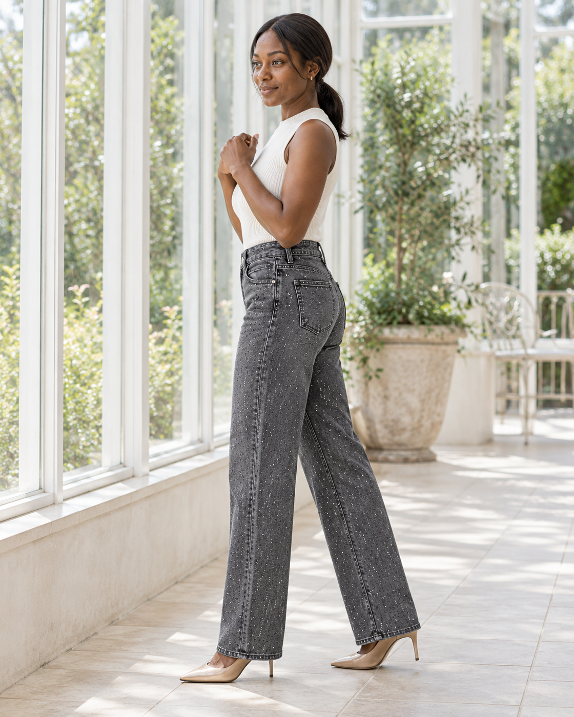 Alcina Rhinestone Jeans — Charcoal — Model 6 — angle view