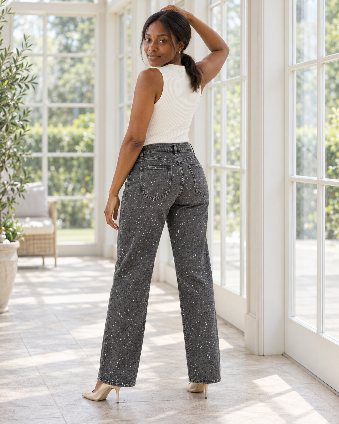 Alcina Rhinestone Jeans — Charcoal — Model 6 — back view