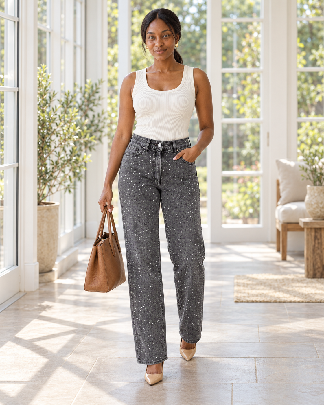 Alcina Rhinestone Jeans — Charcoal — Model 6 — front view