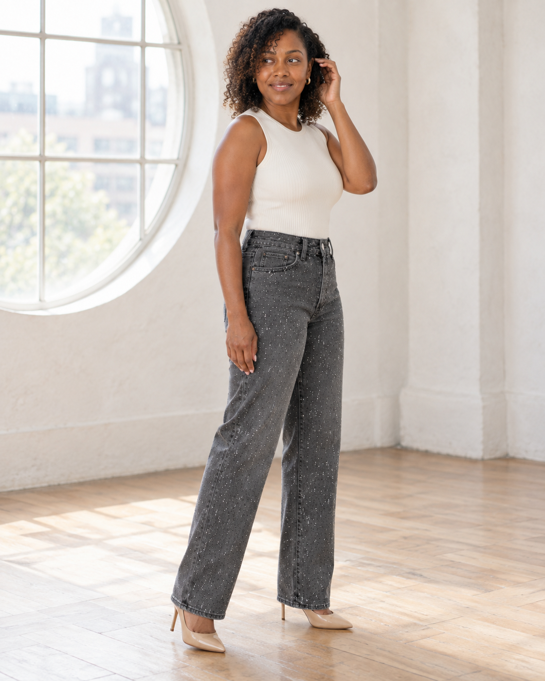 Alcina Rhinestone Jeans — Charcoal — Model 7 — angle view