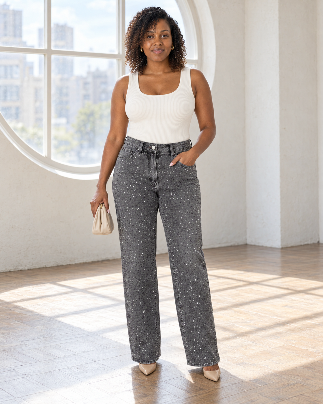 Alcina Rhinestone Jeans — Charcoal — Model 7 — front view