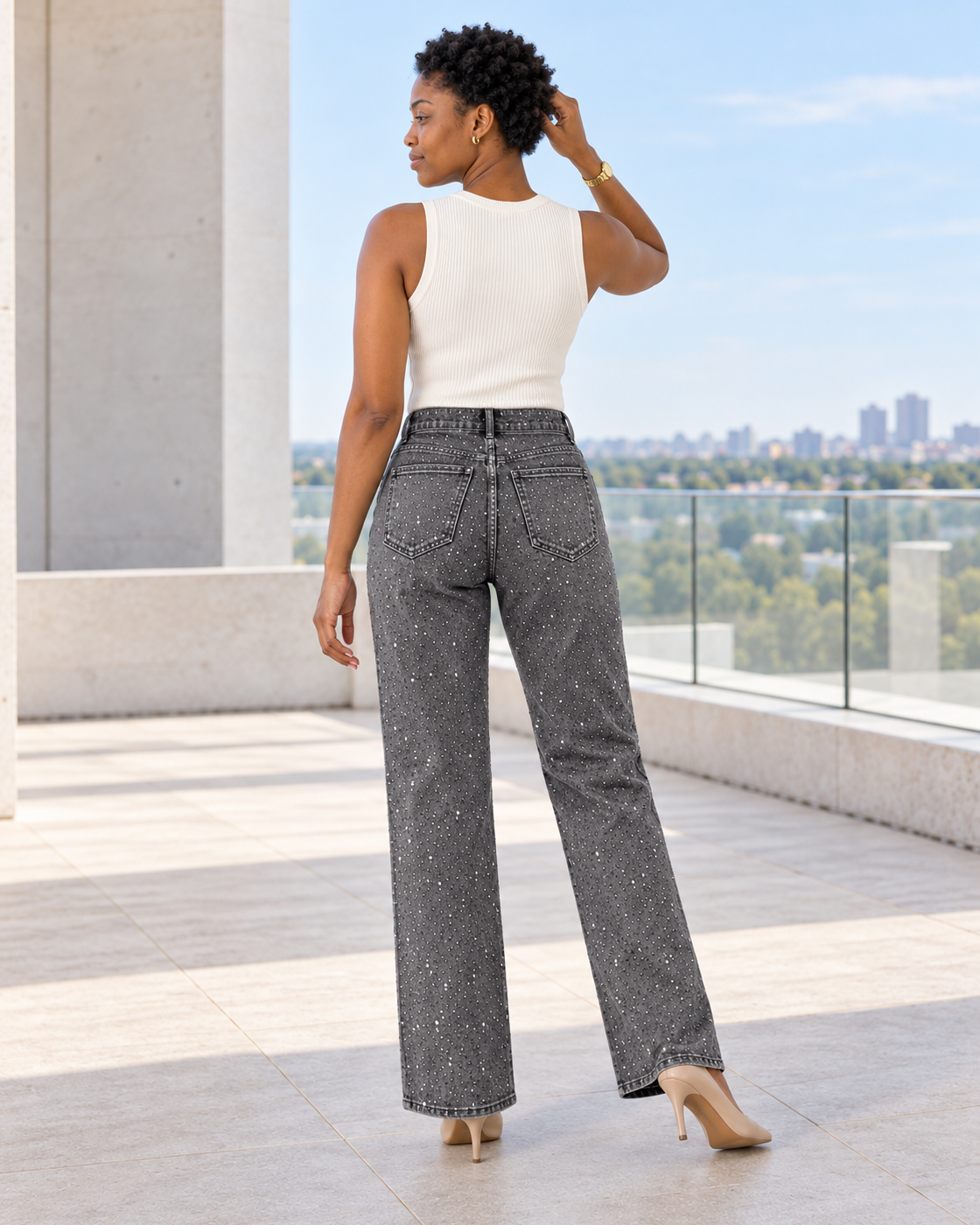 Alcina Rhinestone Jeans — Charcoal — Model 8 — back view