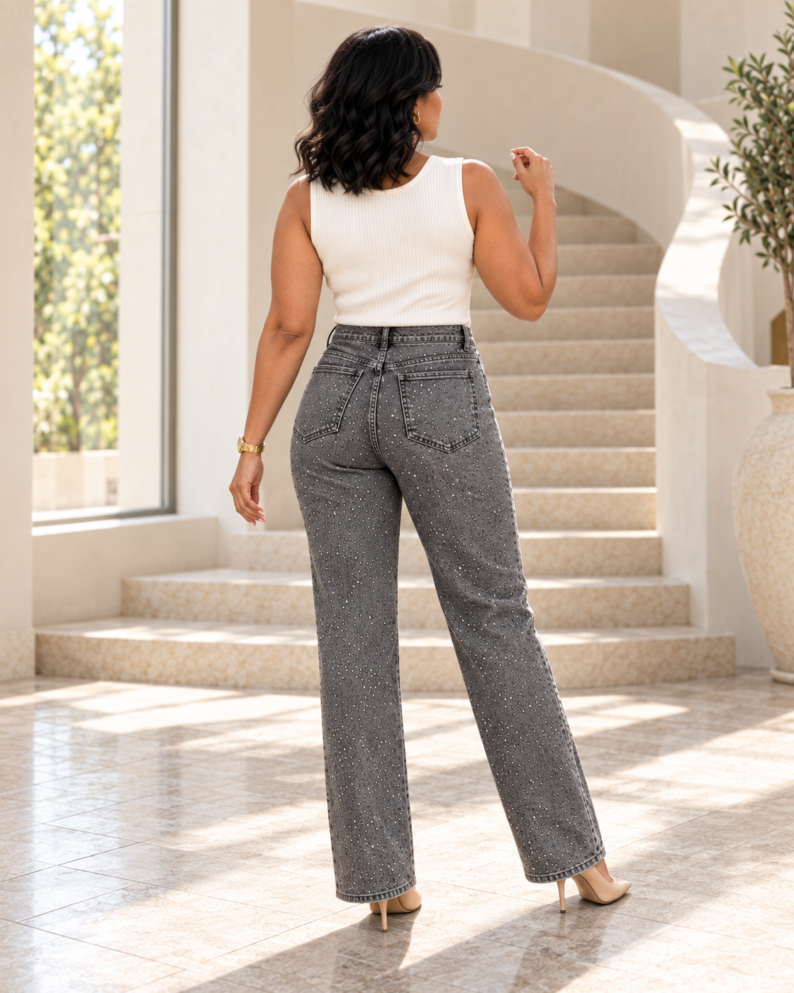 Alcina Rhinestone Jeans — Charcoal — Model 10 — back view