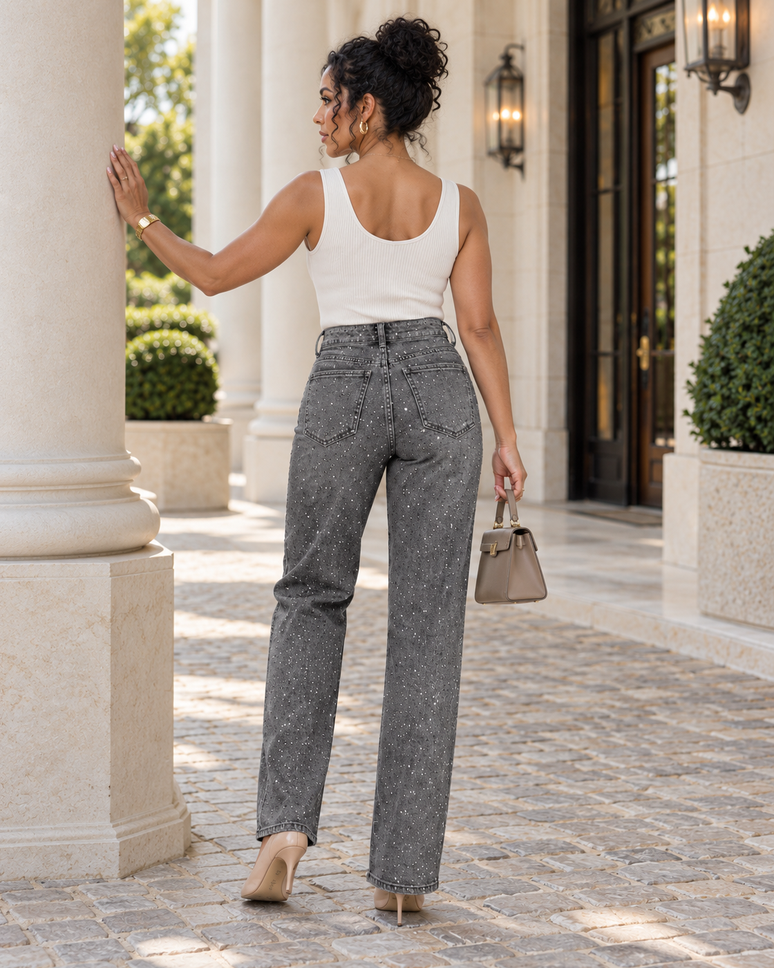 Alcina Rhinestone Jeans — Charcoal — Model 11 — back view