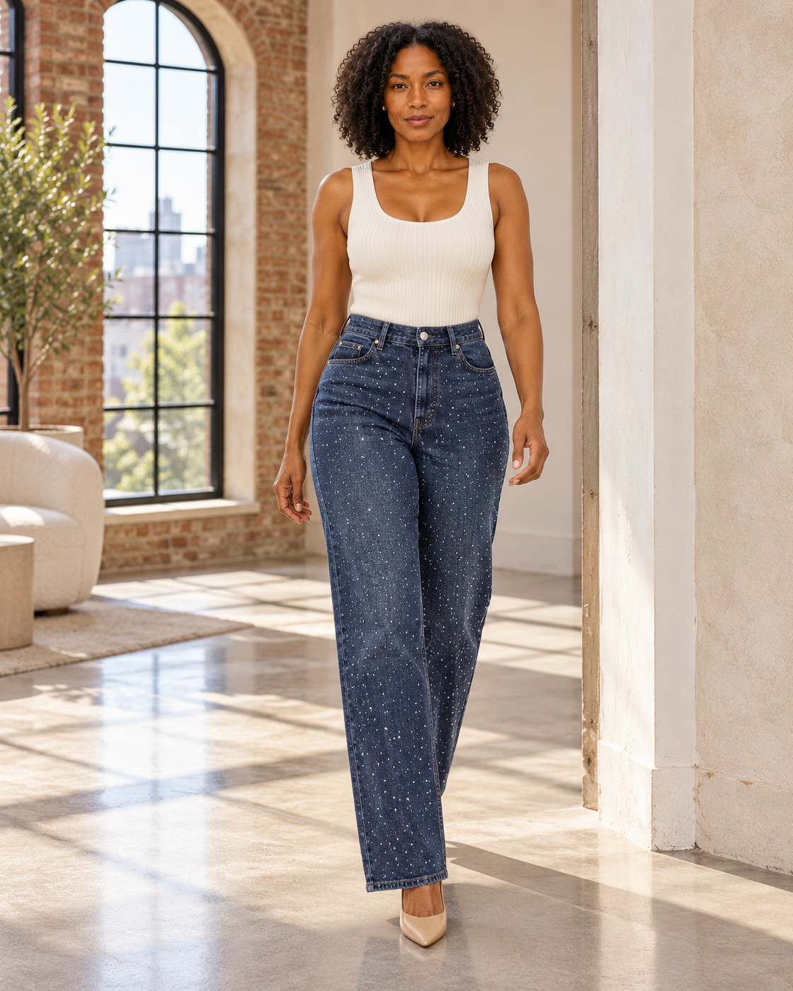 Alcina Rhinestone Jeans — Dark Blue — Model 2 — front view