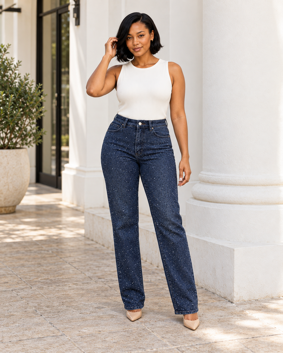 Alcina Rhinestone Jeans — Dark Blue — Model 3 — front view
