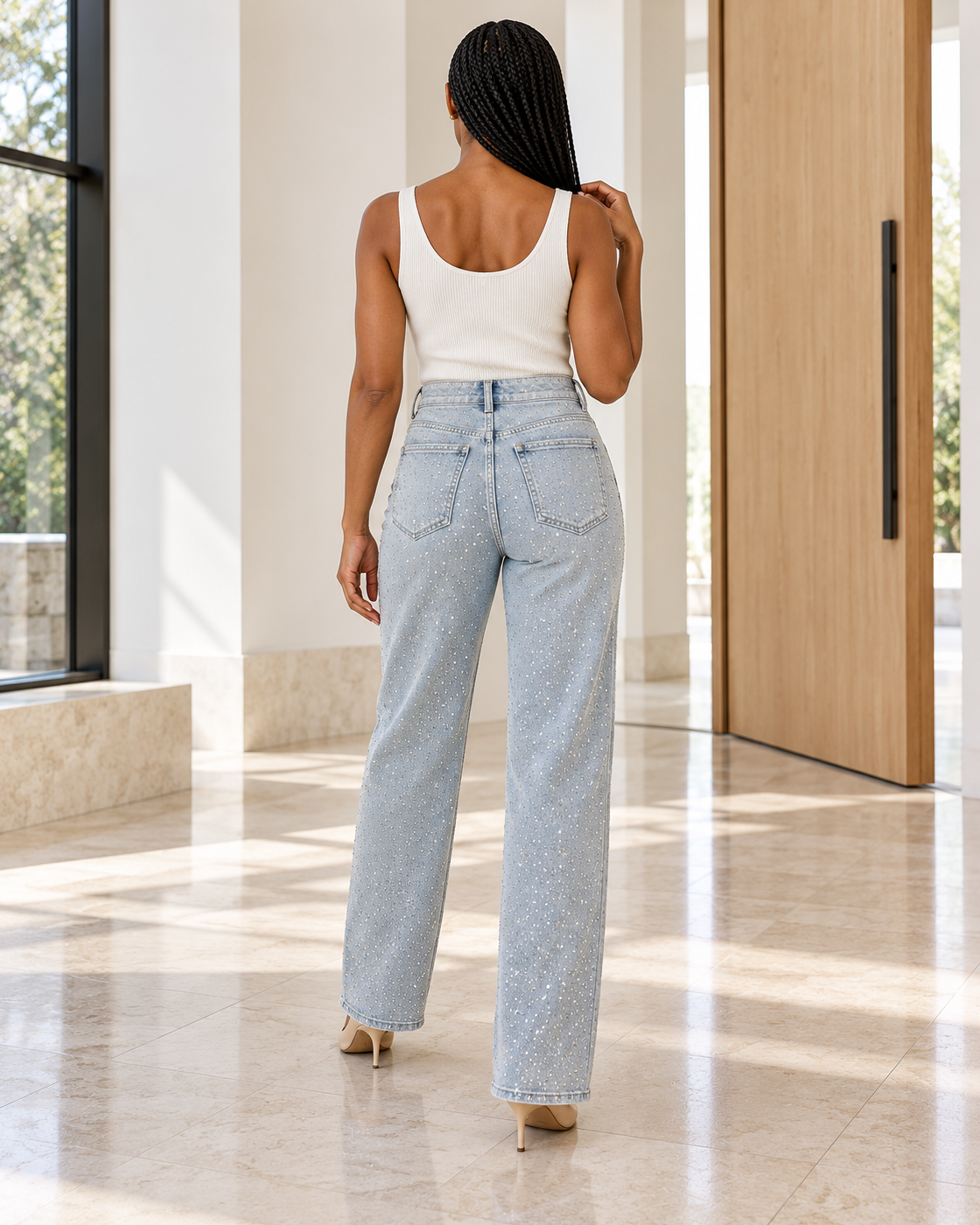 Alcina Rhinestone Jeans — Light Blue — Model 1 — back view