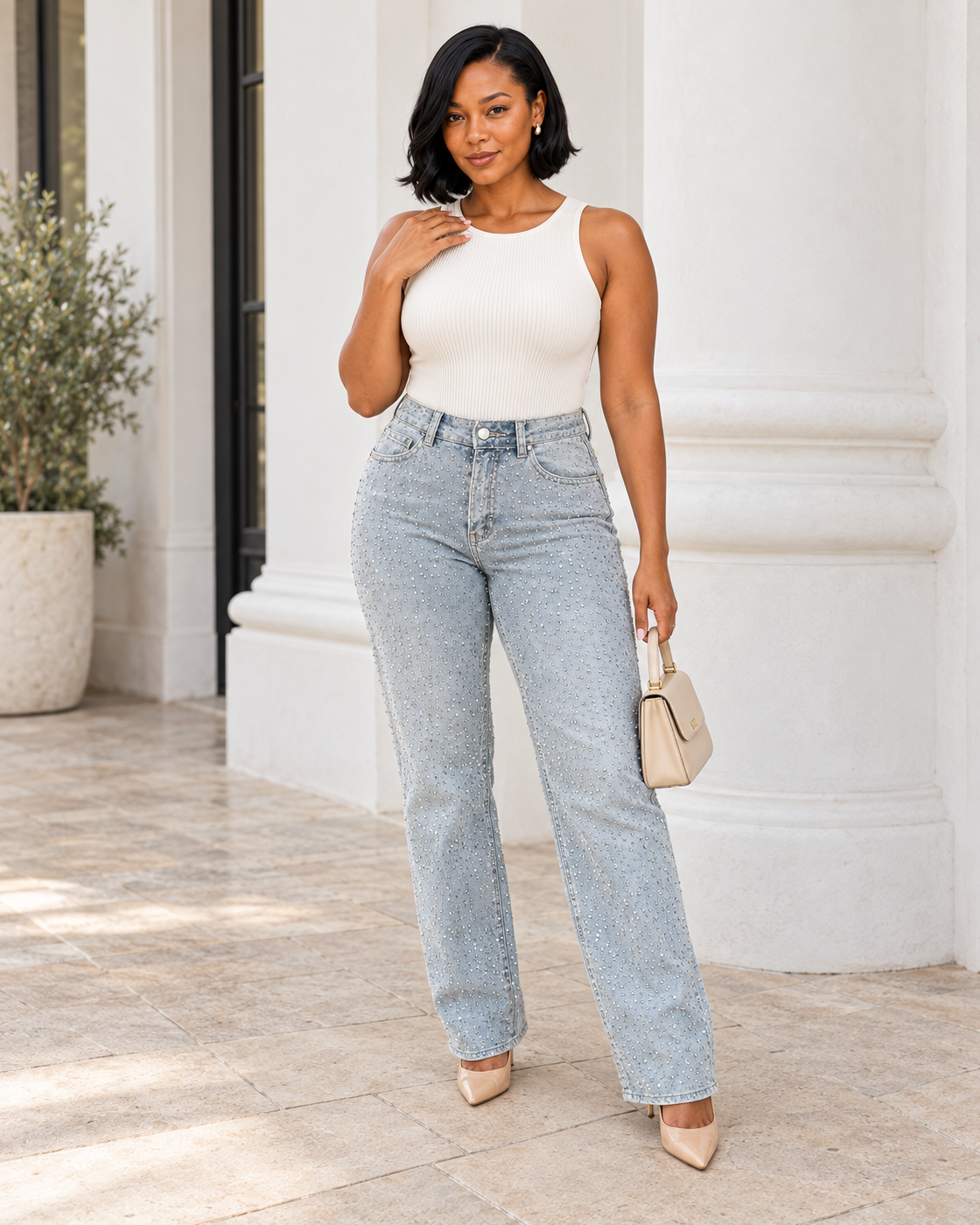 Alcina Rhinestone Jeans — Light Blue — Model 3 — front view