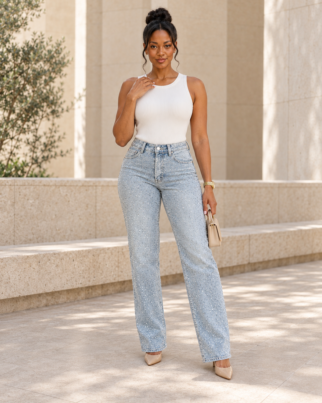 Alcina Rhinestone Jeans — Light Blue — Model 4 — front view
