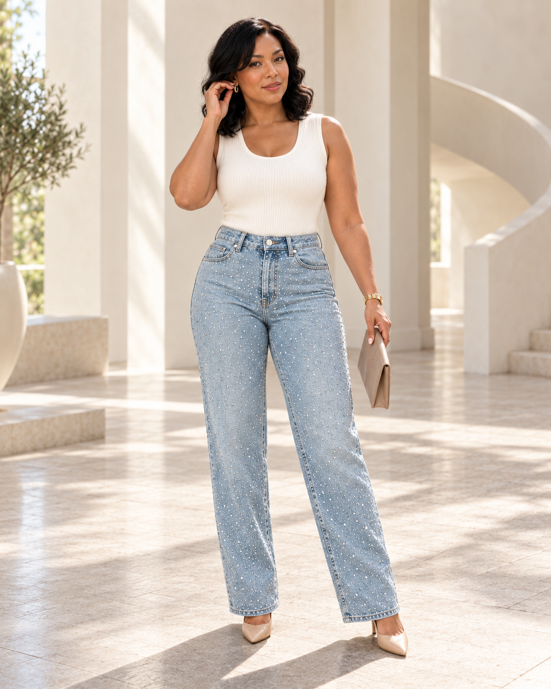 Alcina Rhinestone Jeans — Light Blue — Model 10 — front view