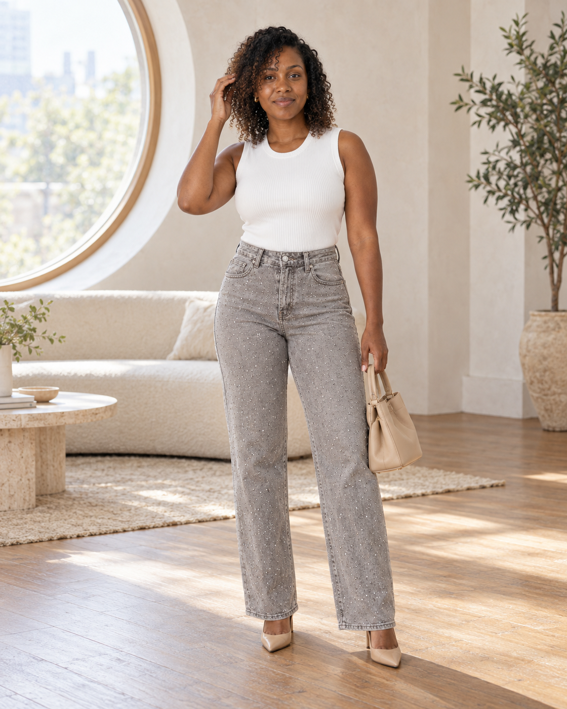 Alcina Rhinestone Jeans — Light Gray — Model 7 — front view