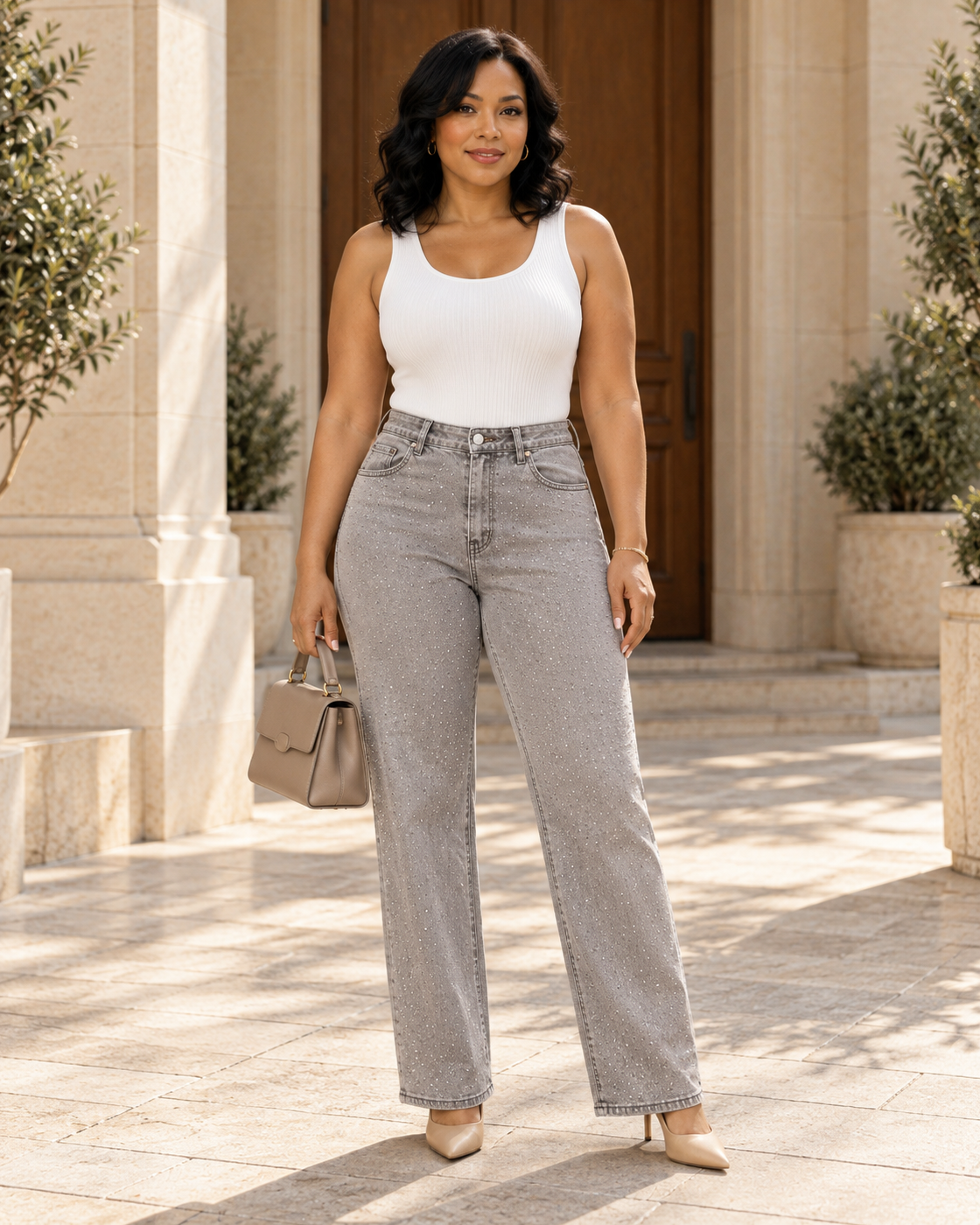 Alcina Rhinestone Jeans — Light Gray — Model 10 — front view