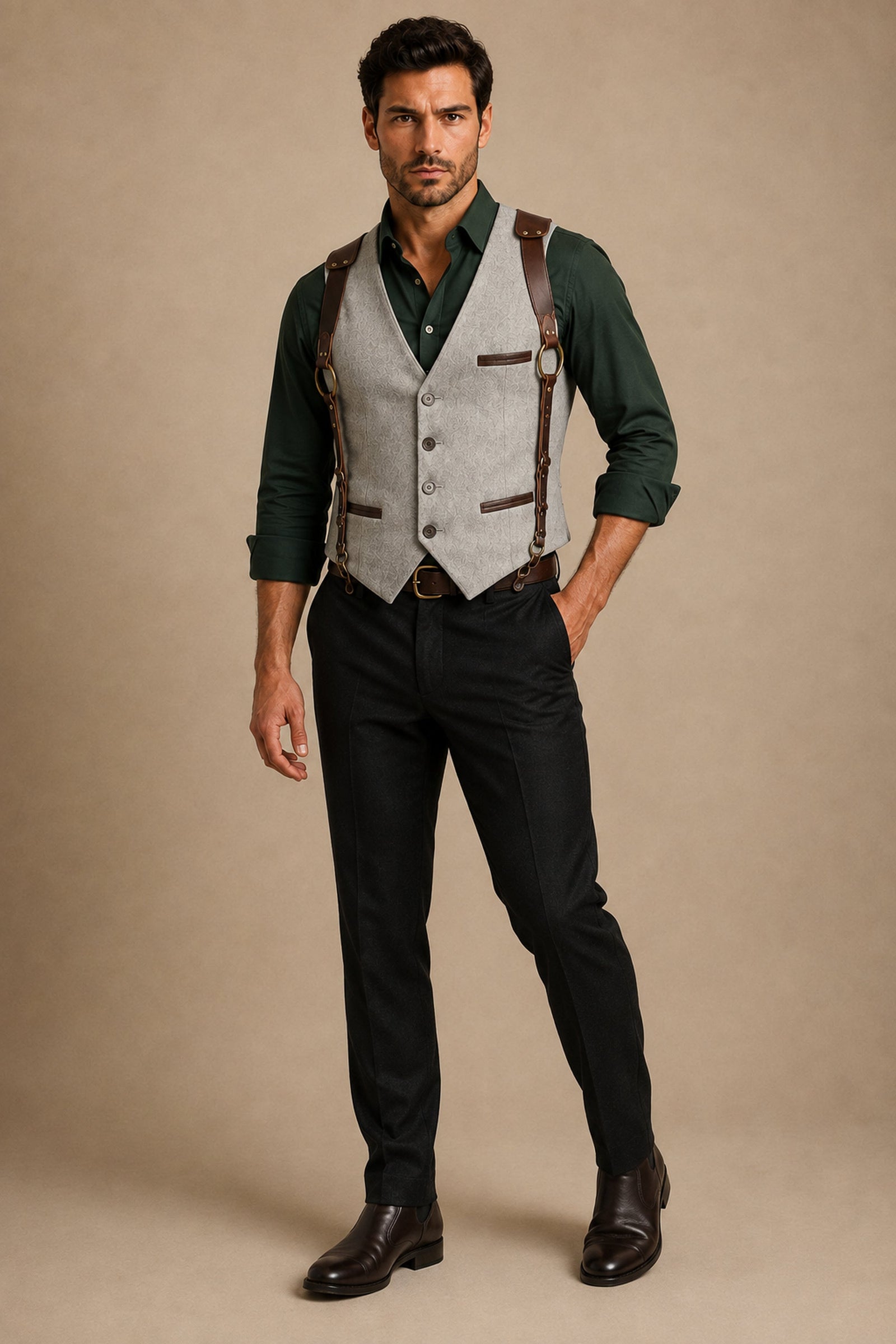 Alder Contrast Heritage Vest in Light Gray with harness, weight-shift front view