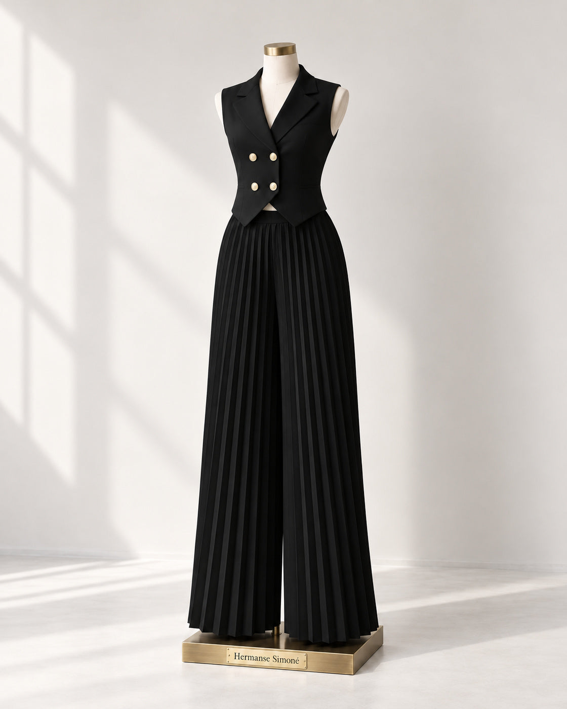 Aurelia Pleated Pants Set in Black — front view on a branded display form