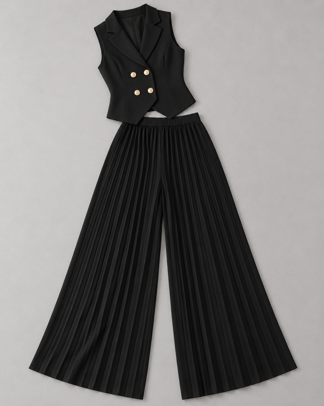 Aurelia Pleated Pants Set in Black — standalone garment view, without a model or mannequin