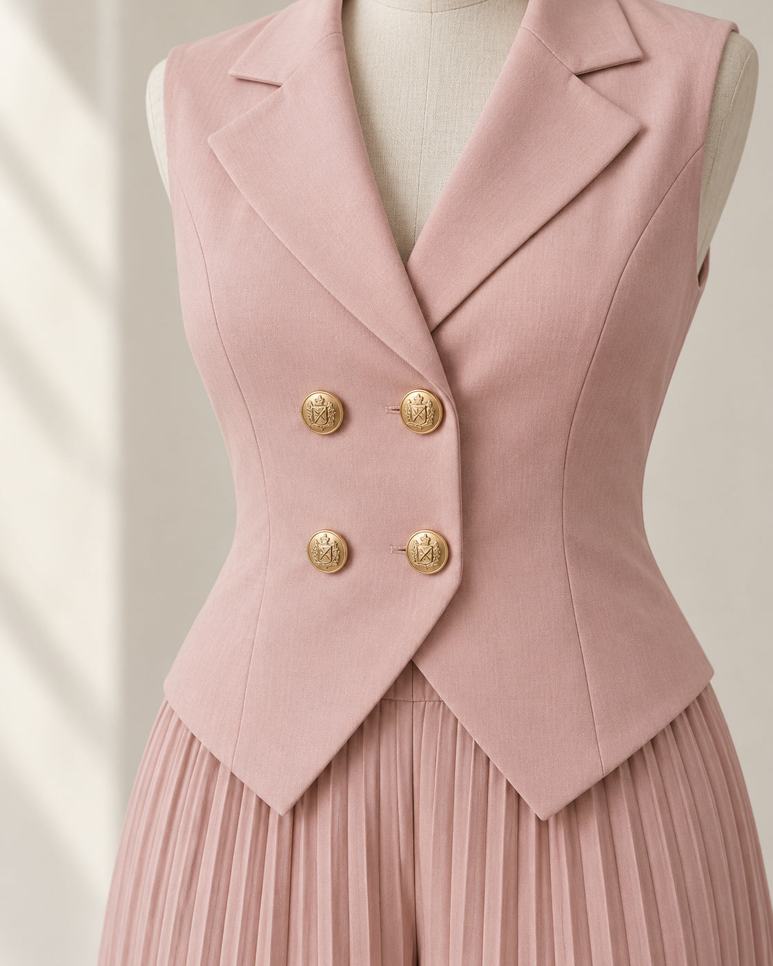 Aurelia Pleated Pants Set in Blush — gold crest buttons and pleated fabric detail