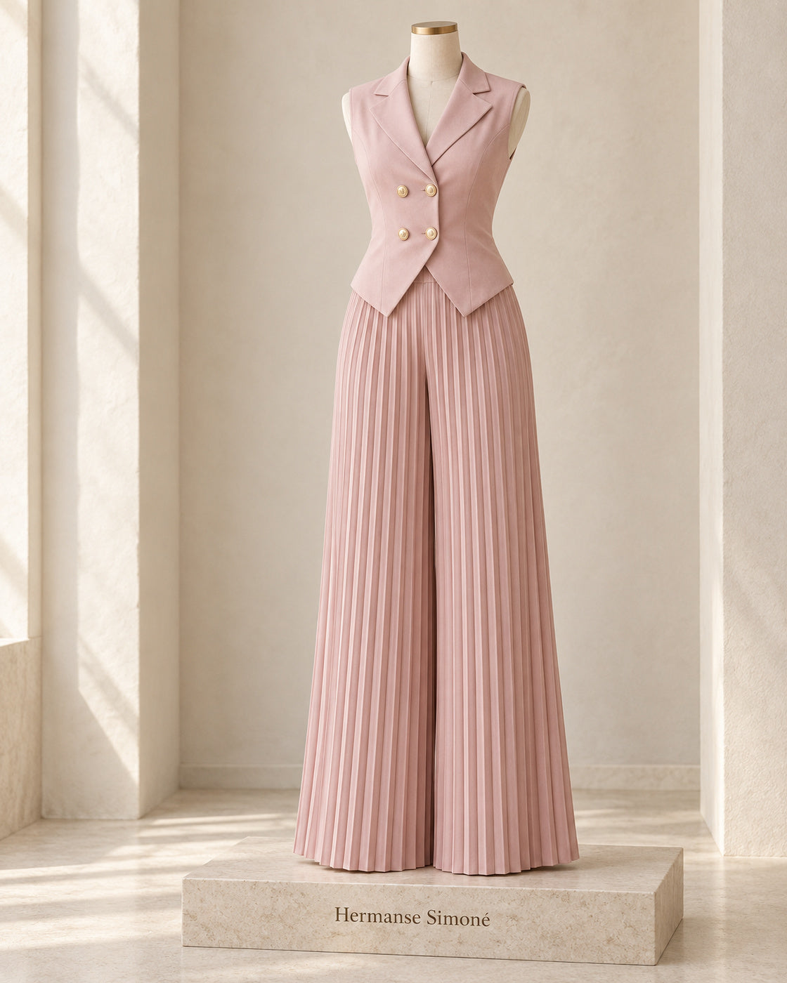 Aurelia Pleated Pants Set in Blush — waistcoat and pleated trousers on a branded dress form